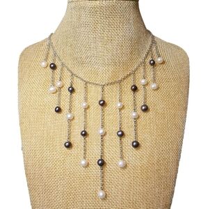 Fringe necklace white peacock blue freshwater pearl sterling silver